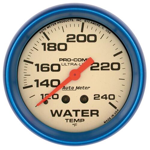Autometer Gauge, Water Temp, 2 5/8", 120-240ºf, Mech., Glow In The Dark, Ultra-Nite, Ultra-Nite