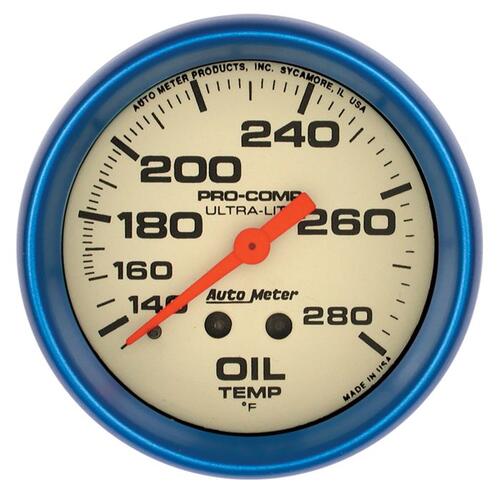 Autometer Gauge, Oil Temp, 2 5/8", 140-280ºf, Mech., Glow In The Dark, Ultra-Nite, Ultra-Nite