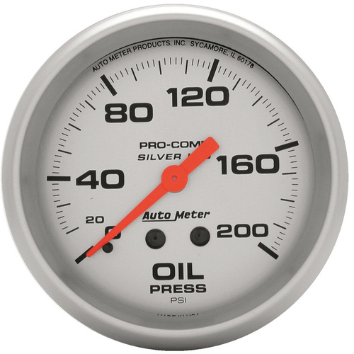 Autometer Gauge, Ultra-Lite, Oil Pressure, 2 5/8 in., 200psi, Liquid Filled Mechanical, Analog, Each