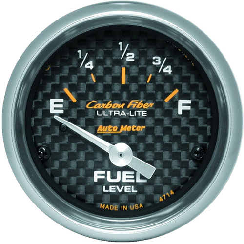 Autometer Gauge, Carbon Fiber, Fuel Level, 2 1/16 in., 0-90 Ohms, Electrical, Analog, Each