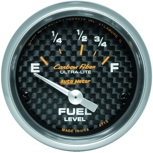 Autometer Gauge, Carbon Fiber, Fuel Level, 2 1/16 in., 73-10 Ohms, Electrical, Analog, Each