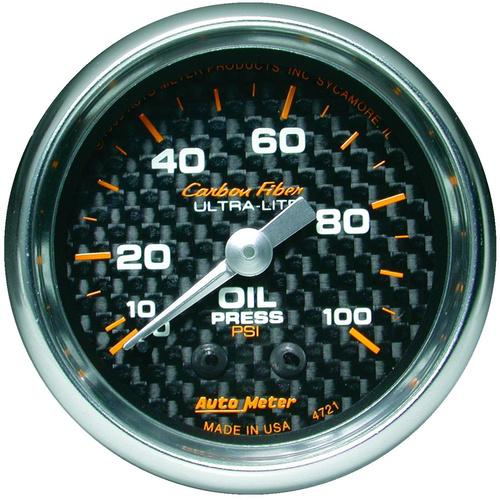 Autometer Gauge, Carbon Fiber, Oil Pressure, 2 1/16 in., 100psi, Mechanical, Analog, Each