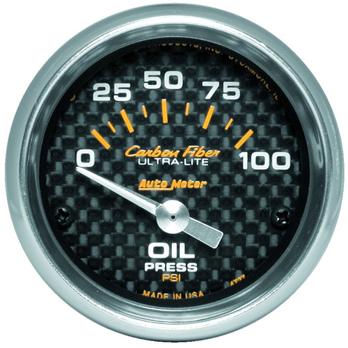 Autometer Gauge, Carbon Fiber, Oil Pressure, 2 1/16 in., 100psi, Electrical, Analog, Each