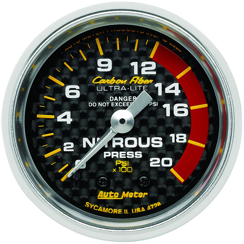 Autometer Gauge, Carbon Fiber, Nitrous Pressure, 2 1/16 in., 1600psi, Mechanical, Analog, Each