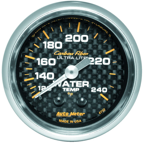 Autometer Gauge, Carbon Fiber, Water Temperature, 2 1/16 in., 120-240 Degrees F, Mechanical, Analog, Each