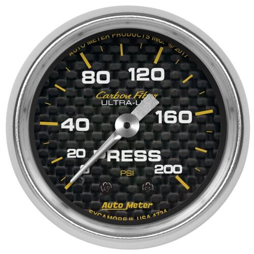 Autometer Gauge, Pressure, 2 1/16", 200Psi, Mechanical, Carbon Fiber, Carbon Fiber