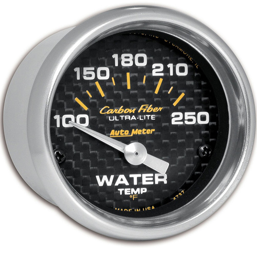 Autometer Gauge, Carbon Fiber, Water Temperature, 2 1/16 in, 100-250 Degrees F, Electrical, Analog, Each