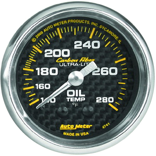 Autometer Gauge, Carbon Fiber, Oil Temperature, 2 1/16 in., 140-280 Degrees F, Mechanical, Analog, Each