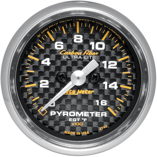 Autometer Gauge, Carbon Fiber, Pyrometer (EGT), 2 1/16 in., 1600 Degrees F, Stepper Motor, Analog, Each