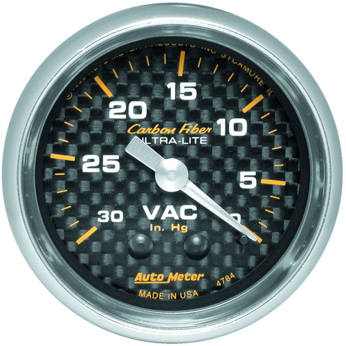 Autometer Gauge, Carbon Fiber, Vacuum, 2 1/16 in., 30 in. Hg, Mechanical, Analog, Each
