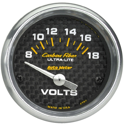 Autometer Gauge, Carbon Fiber, Voltmeter, 2 1/16 in., 18V, Electrical, Analog, Each