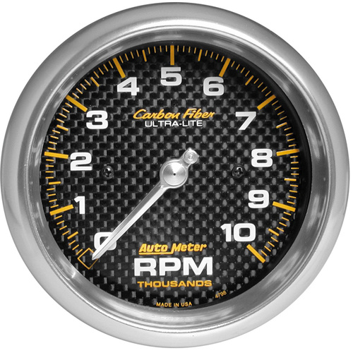 Autometer Gauge, Carbon Fiber, Tachometer, 3 3/8 in., 0-10K RPM, In-Dash, Analog, Each