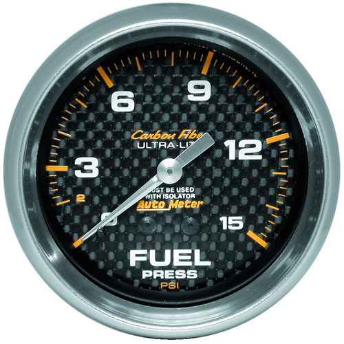 Autometer Gauge, Carbon Fiber, Fuel Pressure, 2 5/8 in, 15psi, Mechanical, INCL. Isolator, Analog, Each