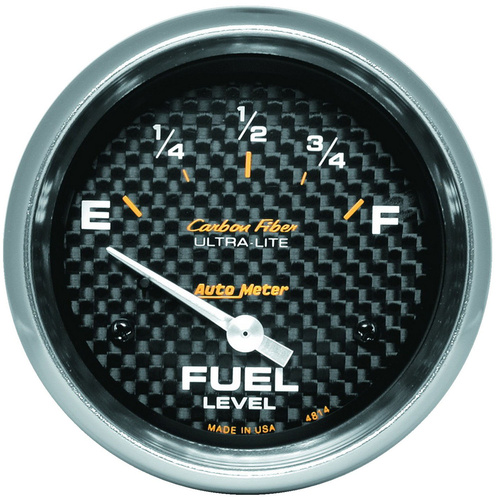 Autometer Gauge, Carbon Fiber, Fuel Level, 2 5/8 in., 0-90 Ohms, Electrical, Analog, Each