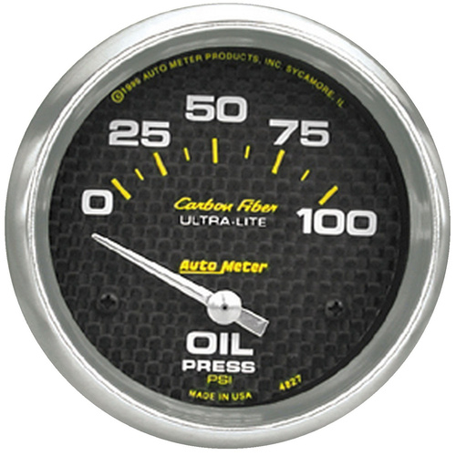Autometer Gauge, Carbon Fiber, Oil Pressure, 2 5/8 in., 100psi, Electrical, Analog, Each