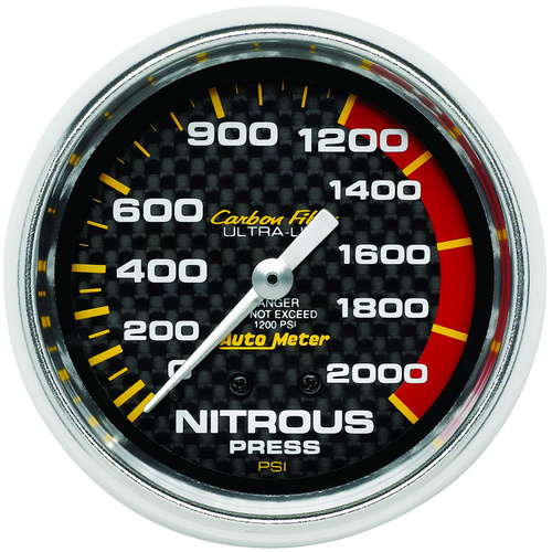 Autometer Gauge, Carbon Fiber, Nitrous Pressure, 2 5/8 in., 1600psi, Mechanical, Analog, Each