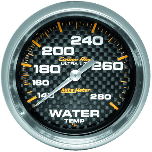 Autometer Gauge, Carbon Fiber, Water Temperature, 2 5/8 in, 140-280 Degrees F, Mechanical, Each