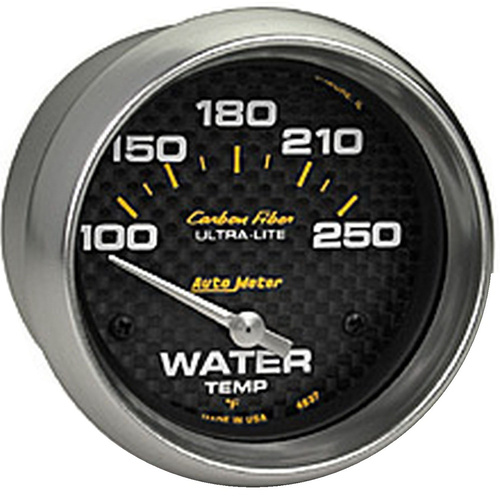 Autometer Gauge, Carbon Fiber, Water Temperature, 2 5/8 in., 100-250 Degrees F, Electrical, Analog, Each