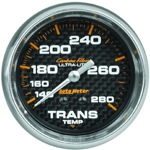 Autometer Gauge, Carbon Fiber, Transmission Temperature, 2 5/8 in, 140-280 Degrees F, Mechanical, Analog, Each