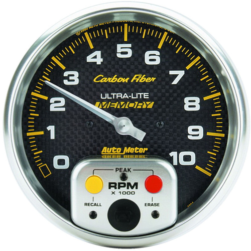 Autometer Gauge, Carbon Fiber, Tachometer, 5 in., 0-10K RPM, In-Dash w/ Peak Memory, Analog, Each