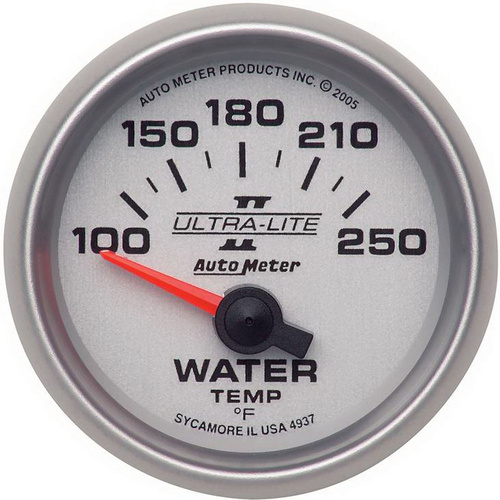 Autometer Gauge, Ultra-Lite II, Water Temperature, 2 1/16 in., 100-250 Degrees F, Electrical, Analog, Each