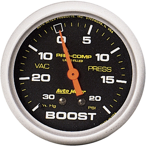 Autometer Gauge, Pro-Comp, Vacuum/Boost, 2 5/8 in., 30 in. Hg/20psi, Liquid Filled Mechanical, Analog, Each