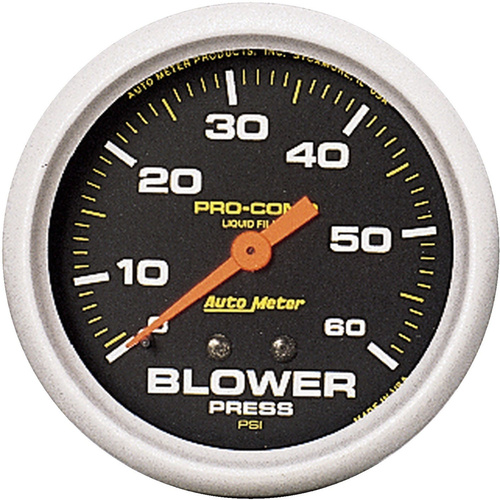 Autometer Gauge, Pro-Comp, Blower Pressure, 2 5/8 in, 60psi, Liquid Filled Mechanical, Analog, Each