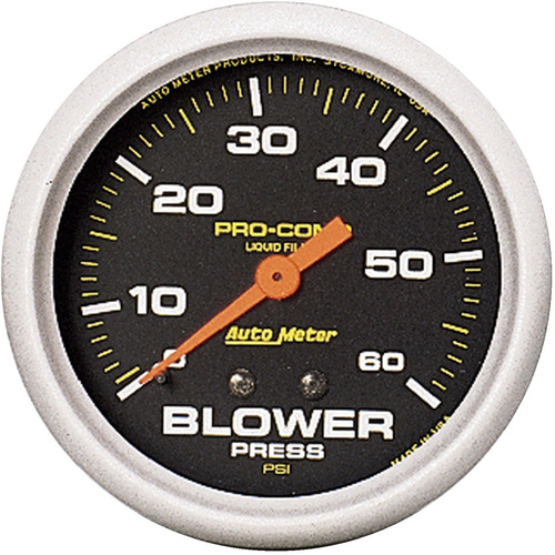 Autometer Gauge, Pro-Comp, Blower Pressure, 2 5/8 in., 60psi, Liquid Filled Mechanical W/Peak Memory, Each