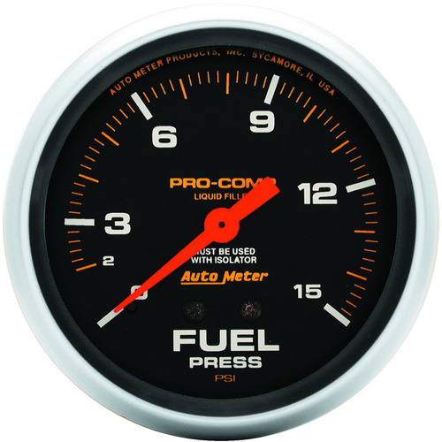 Autometer Gauge, Pro-Comp, Fuel Pressure, 2 5/8 in, 15psi, Liquid Filled Mechanical W/Isolator, Each