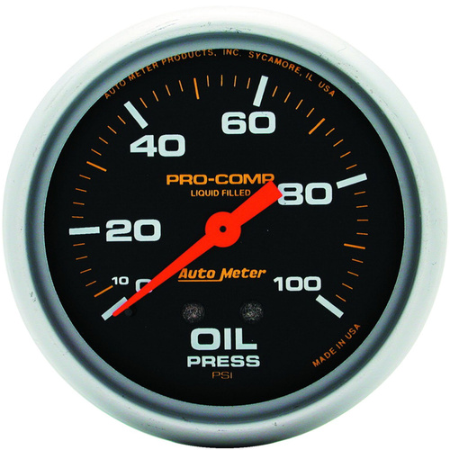 Autometer Gauge, Pro-Comp, Oil Pressure, 2 5/8 in., 100psi, Liquid Filled Mechanical, Each