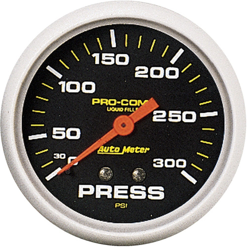 Autometer Gauge, Pro-Comp, PRESSURE, 2 5/8 in., 300psi, Liquid Filled Mechanical,