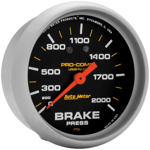 Autometer Gauge, Pro-Comp, Brake Pressure, 2 5/8 in., 2000psi, Liquid Filled Mechanical, Analog, Each