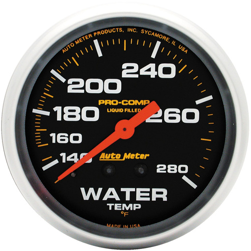Autometer Gauge, Pro-Comp, Water Temperature, 2 5/8 in., 140-280 Degrees F, Liquid Filled Mechanical, Analog, Each