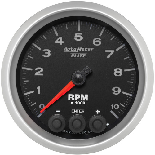 Autometer Gauge, Elite Series, Tachometer, 3 3/8 in., 0-10K RPM, In-Dash w/ Shift Light & Peak Memory, Each