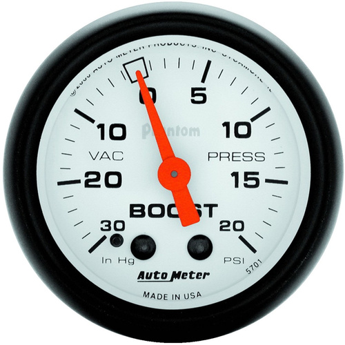 Autometer Gauge, Phantom, Vacuum/Boost, 2 1/16 in., 30 in. Hg/20psi, Mechanical, Analog, Each