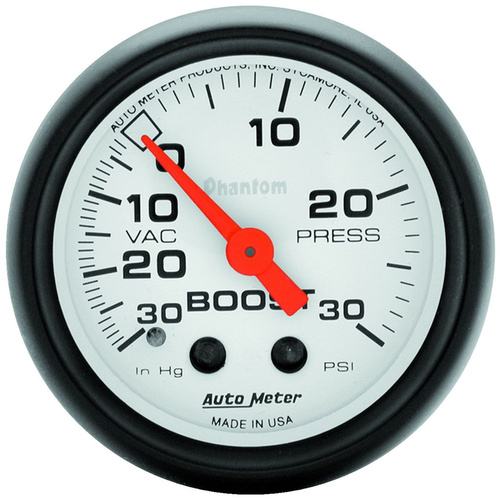 Autometer Gauge, Phantom, Vacuum/Boost, 2 1/16 in., 30 in. Hg/30psi, Mechanical, Analog, Each