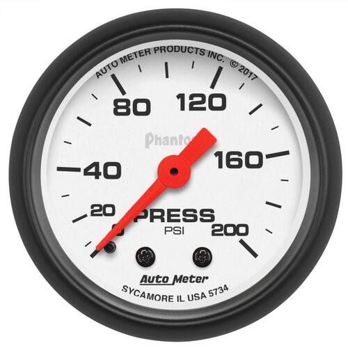 Autometer Gauge, Pressure, 2 1/16", 200Psi, Mechanical, Phantom, Phantom