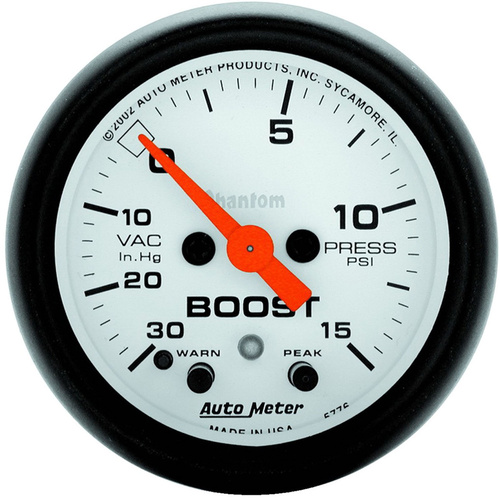 Autometer Gauge, Phantom, Vacuum/Boost, 2 1/16 in., 30 in. Hg/15psi, Stepper Motor W/Peak & Warn, Analog, Each