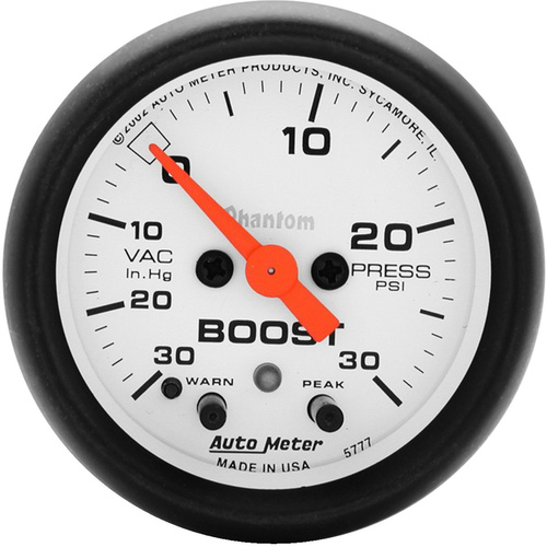 Autometer Gauge, Phantom, Vacuum/Boost, 2 1/16 in., 30 in. Hg/30psi, Stepper Motor W/Peak & Warn, Analog, Each
