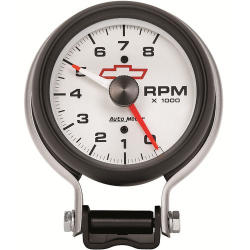 Autometer Gauge, Bowtie White, Tachometer, 3 3/4 in., 0-8K RPM, Pedestal w/ Red LINE, GM, Analog, Each