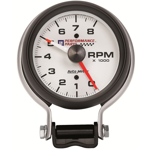 Autometer Gauge, Tachometer, 3 3/4 in., 0-8K RPM, Pedestal w/ Red LINE, GM Performance White, Each