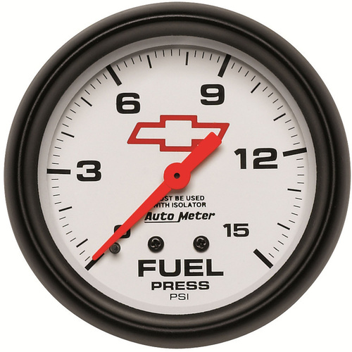 Autometer Gauge, Bowtie White, Fuel Pressure, 2 5/8 in., 15psi, Mechanical W/Isolator, GM, Analog, Each