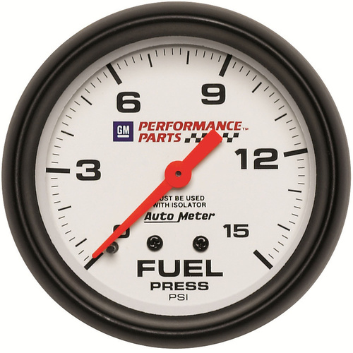 Autometer Gauge, Phantom, Fuel Pressure, 2 5/8 in., 15psi, Mechanical W/Isolator, GM Performance White, Each
