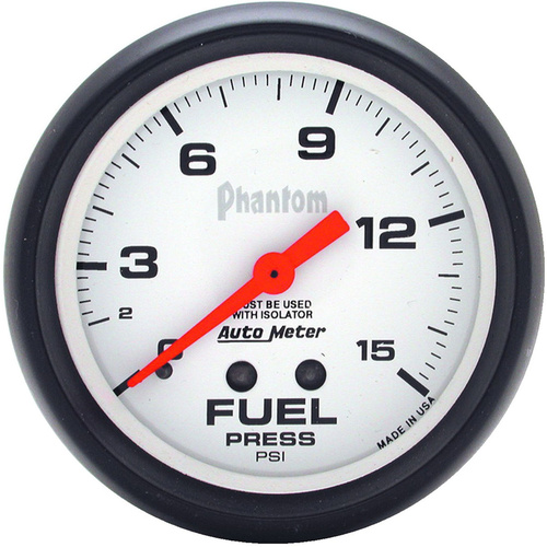 Autometer Gauge, Phantom, Fuel Pressure, 2 5/8 in., 15psi, Mechanical W/Isolator, Each