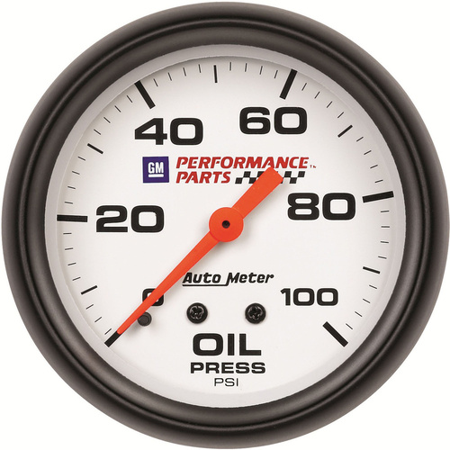 Autometer Gauge, Oil Pressure, 2 5/8 in., 100psi, Mechanical, GM Performance White, Each