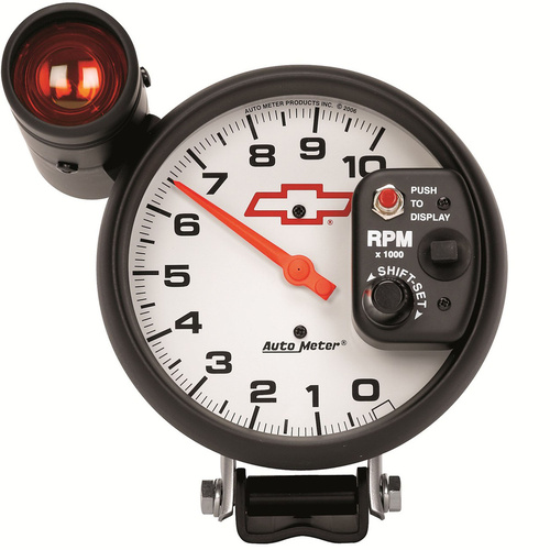 Autometer Gauge, Bowtie White, Tachometer, 5 in., 0-10K RPM, Pedestal w/ EXT. Shift-Lite, GM, Each