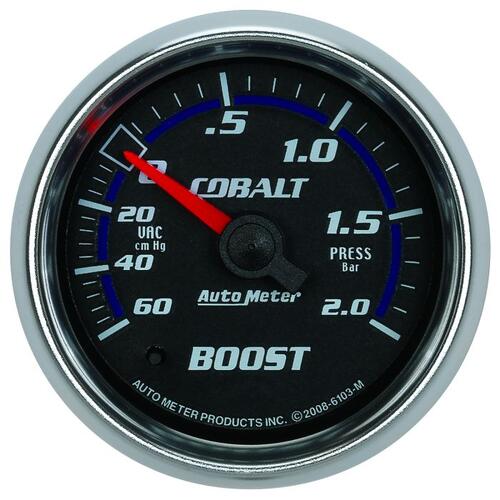 Autometer Gauge, Vac/Boost, 2 1/16", 60Cmhg-2.0Bar, Mechanical, Cobalt, Cobalt