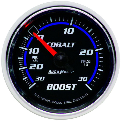 Autometer Gauge, Cobalt, Vacuum/Boost, 2 1/16 in., 30 in. Hg/30psi, Mechanical, Analog, Each