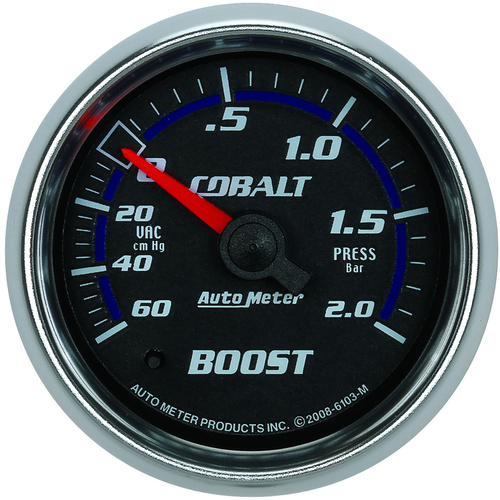 Autometer Gauge, Cobalt, Vacuum/Boost, 2 1/16 in., 60CMHG-2.0BAR, Mechanical, Each