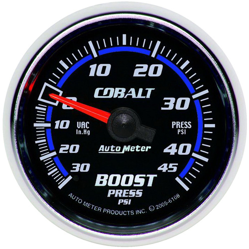 Autometer Gauge, Cobalt, Vacuum/Boost, 2 1/16 in., 30 in. Hg/45psi, Mechanical, Analog, Each